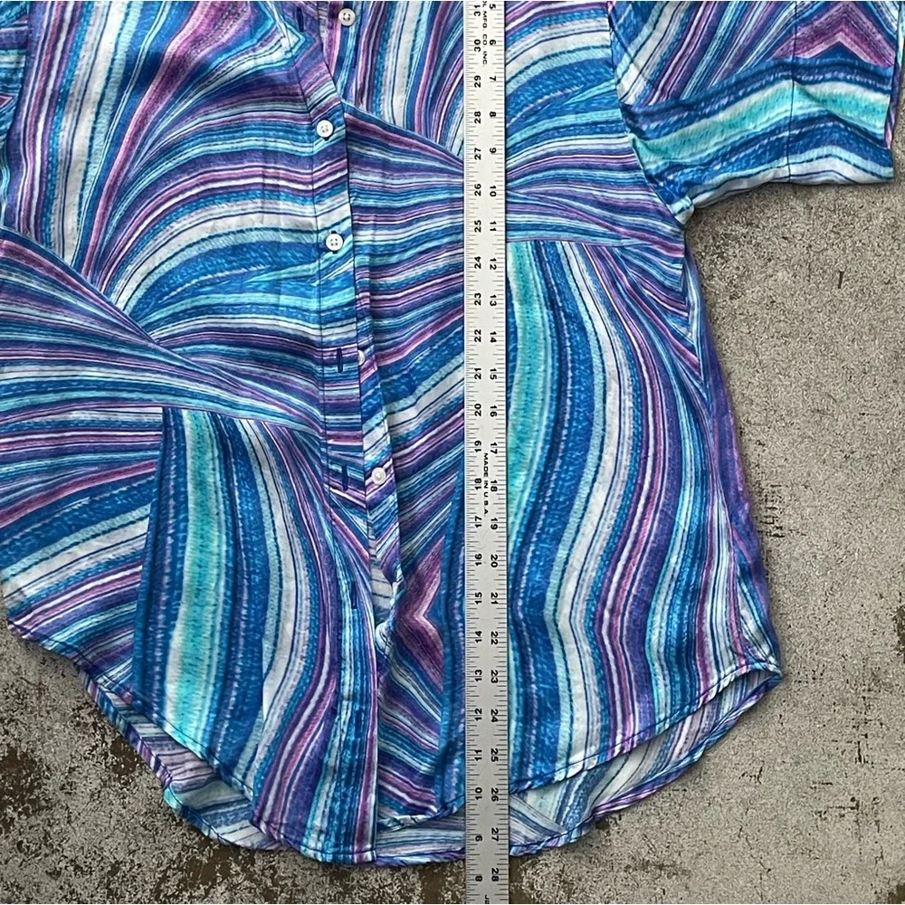 Frankie’s Bikinis Fifi Sustainable blue purple swirl cover up shirt. Size XS